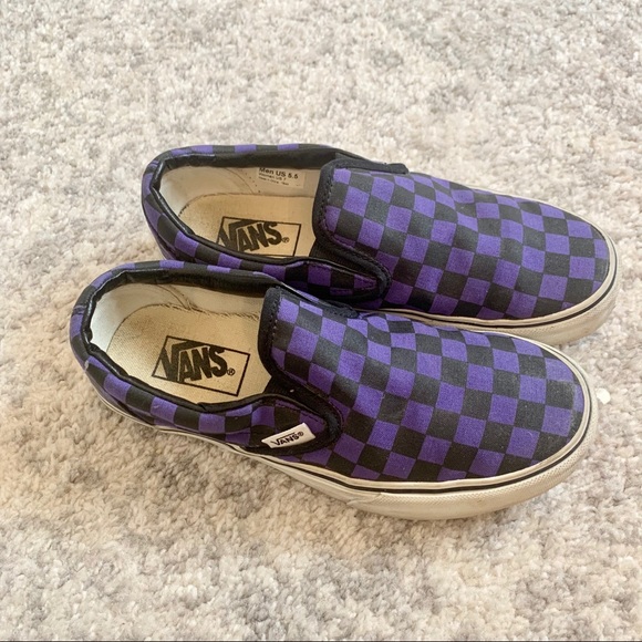 purple checkerboard slip on vans